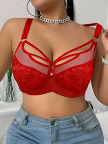 SHEIN 1 Áo ngực có gọng ren vá cỡ lớn - Đỏ - Xem 3