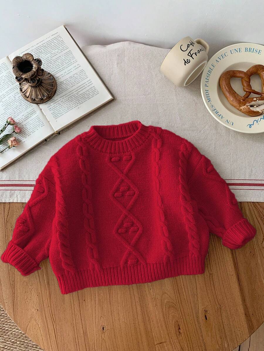 SHEIN LMoss Kids 苔藓米色长袖毛衣，可爱百搭的女婴冬季服装 - 紅色 - 查看 1