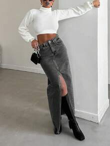 ZIRRA Váy mini denim ôm sát có túi xẻ cao màu trơn dành cho nữ - màu đen - Xem 7