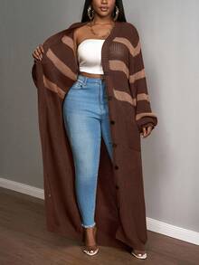 Slaydiva 2026秋冬新款大码优雅复古浪漫经典性感复古风女式办公商务休闲日常穿着约会派对卡其色撞色条纹长款针织开衫 - 鏽棕色 - 查看 7