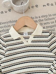 SHEIN Babygirl Casual Cute Striped Knit Collared Long Sleeve Top And Elastic Waist Pants Set