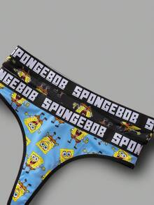 SpongeBob SquarePants | SHEIN Women's Comfortable Soft Breathable Cartoon Pattern Letter Jacquard Thong Panties - Black - View 3
