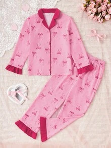 2 件套女童休闲蝴蝶结拼布荷叶边宽松全身印花家居服套装 - 粉色 - 查看 6