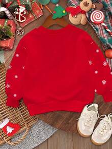 SHEIN Happikins Merry Christmas Red Sweatshirt For Young Girls,Autumn Party Warm Knit Pullover With Christmas Tree,Star,Cartoon,Reindeer,Loose Fit Crew Neck - Multicolor - View 3