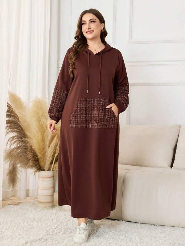 Lacomfia Vestido casual de mujer con capucha, manga larga y corte holgado con parches, vestido de sudadera de talla grande para otoño/invierno