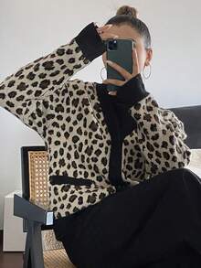 DAZY 女士时尚豹纹拼接开衫，秋冬款 - 棕色 - 查看 6