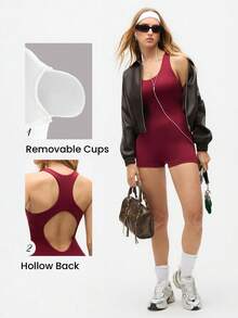 Eassivo Women's Sleeveless One Piece Yoga Romper,Burgundy Cut Out Back Athletic Workout Playsuit, Stretch Fitness Gym Bodysuit, Activewear For Women
