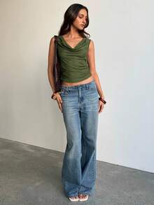 Aloruh Áo tank top không tay hở lưng dành cho nữ, thiết kế đính cườm, màu xanh ô liu trơn, phong cách bohemian, gợi cảm và thanh lịch, đa năng. - Màu xanh lá cây đậm - Xem 3