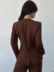 Firerie Áo cánh cổ chữ V đính nút kim loại tối giản thanh lịch dành cho nữ, áo vest dài tay không đối xứng, màu nâu, phù hợp mặc công sở - màu nâu - Xem 2