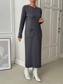 EURMUSE Women Solid Color Round Neck Pocket Detailed Maxi Sweater Dress - Grey - View 5