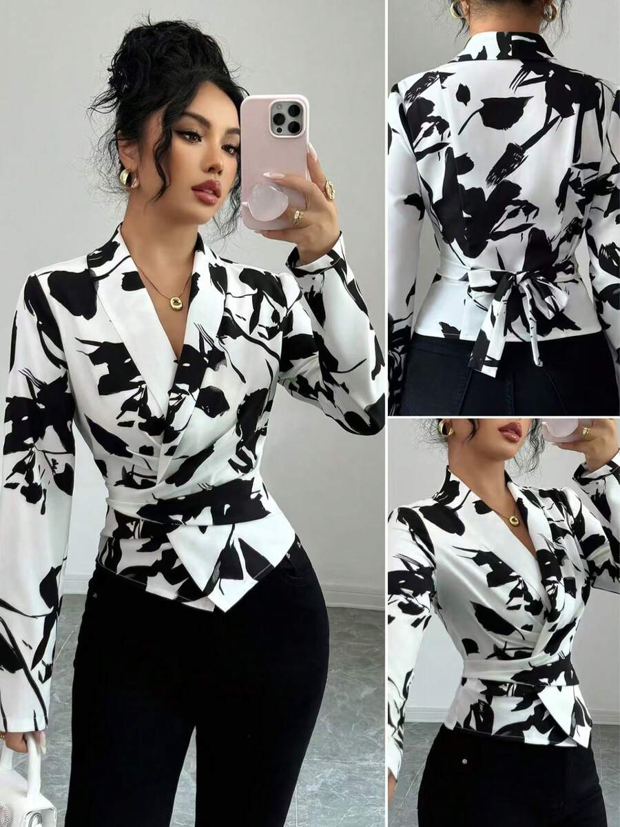 Elenzga Women's Elegant Floral Print Casual Commuter Belted Shirt, Autumn Cow Print