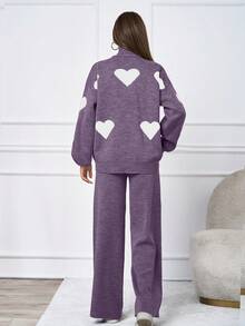 SHEIN Tall 2pcs/Set Casual Heart Pattern High Neck Sweater - Lilac Purple - View 2