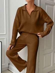 EURMUSE Woman Loose Fit Comfy Warm Thick Polo Neck Sweater And Pants Co-Ords Two Pieces Set - Camel - View 8