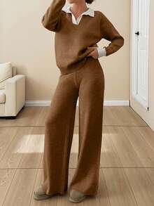 WOMEN SOFT TOUCH POLO NECK SWEATER AND SWEATER PANT Two Pieces OUTFİT CO-ORDS COOL - Camel - View 5