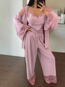 DAZY 3件套蕾丝拼接睡袍、吊带背心和裤子女士睡衣套装，秋冬服装 - 淡紫色 - 查看 5