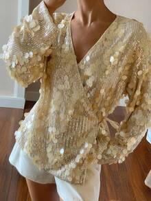 Livesso Áo kiểu sang trọng màu vàng/vàng sâm panh đính sequin, thích hợp cho tiệc tùng/đám cưới/các dịp trang trọng, có dây buộc, dành cho nữ mùa thu/đông và năm mới. - Vàng - Xem 4