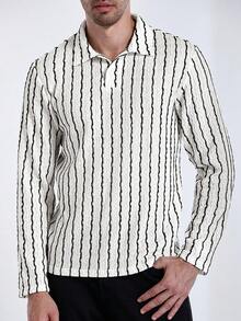 Manfinity Homme Men's Black And White Striped Long Sleeve Polo Shirt,Autumn Casual Knit Shirt For Men,Beige Striped Shirt For Commuting,Vacation Men's Striped Top - Apricot - View 4