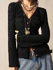 Bohemela Casual Solid Color Knit Lace Flare Sleeve Fitted Women Top - Black - View 5