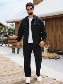 Manfinity CasualCool 男士纯色长袖单排扣工装口袋衬衫和多口袋长裤休闲套装，适合休闲度假、派对、用餐、居家、办公等场合，时尚百搭，是送给男友或丈夫的最佳礼物。男士针织套装，黑色两件套，男士衬衫套装，亚麻男士休闲西装，黑色度假装。 - 黑色 - 查看 5