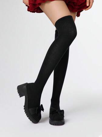 Brown Thigh High Boots, Slip-On Elastic Tall Boots, Wedge Heel Thick Sole Gothic Boots For Women