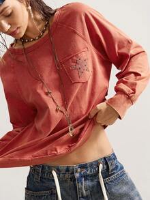 Bohemela Women's Casual Solid Color Knit Crew Neck Long Sleeve T-Shirt - Red - View 4