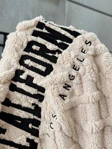 Solflare Plus Size Women Embroidered Letter Pattern Drop Shoulder Drawstring Hooded Pocket Teddy Fleece Sweatshirt, Autumn/Winter