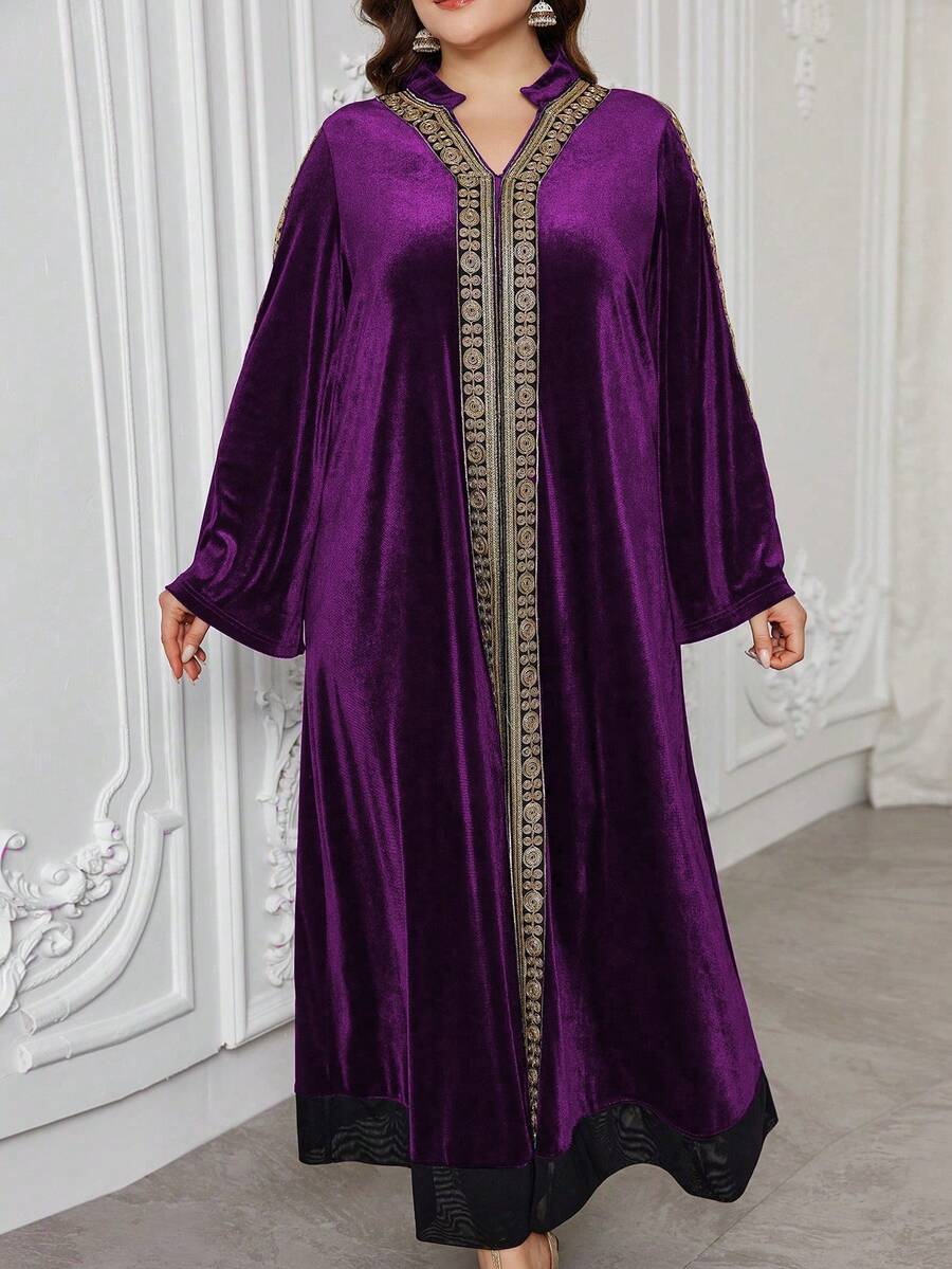 Al Najma Plus Size Muslim Women Velvet Stand Collar Elegant Luxury Party Arabic Dress, Modest Elegant Jalabiya Maxi Dresses, For Evening Party/Wedding Guest/Anniversary