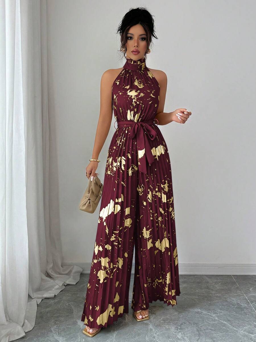 Elenzga Bộ đồ liền thân ống rộng không tay cổ bèo nhún thanh lịch lãng mạn chính xác dành cho nữ trong trang phục Halloween - Màu Đỏ Sâu - Xem 1