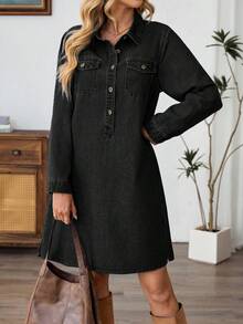 EMERY ROSE Women's Casual Washed Denim Long Sleeve Dress Black Denim Dress Button Up Shirt Dress Women Shirt Dress Black Western Dress Long Sleeve Denim Dress,Fall,Fall Clothes For Women,Women's Winter Clothes - Black - View 1