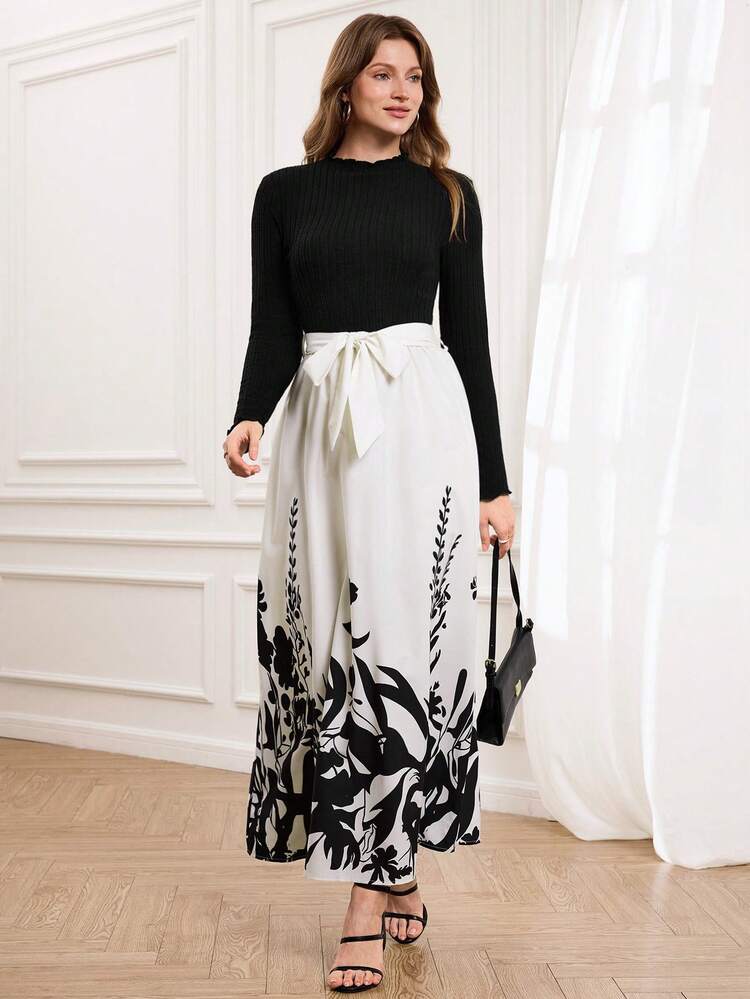 Vestido Midi Floral de Manga Longa com Gola Redonda e Cinto, Elegante