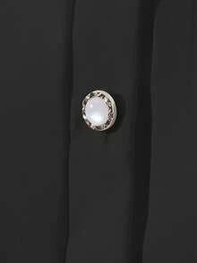 Franclia 优雅修身翻领长袖褶裥拼接前襟纽扣卡其色女士衬衫，春秋季 - 黑色 - 查看 5