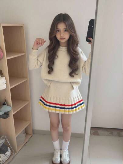 Souflis Souflis 年轻女孩时尚甜美毛衣搭配百褶裙，适合居家、外出、聚会、返校