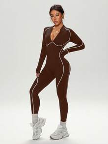 Dewbera Seamless High Elasticity Fitness Jumpsuit, Long Sleeve & Long Pants With Zipper