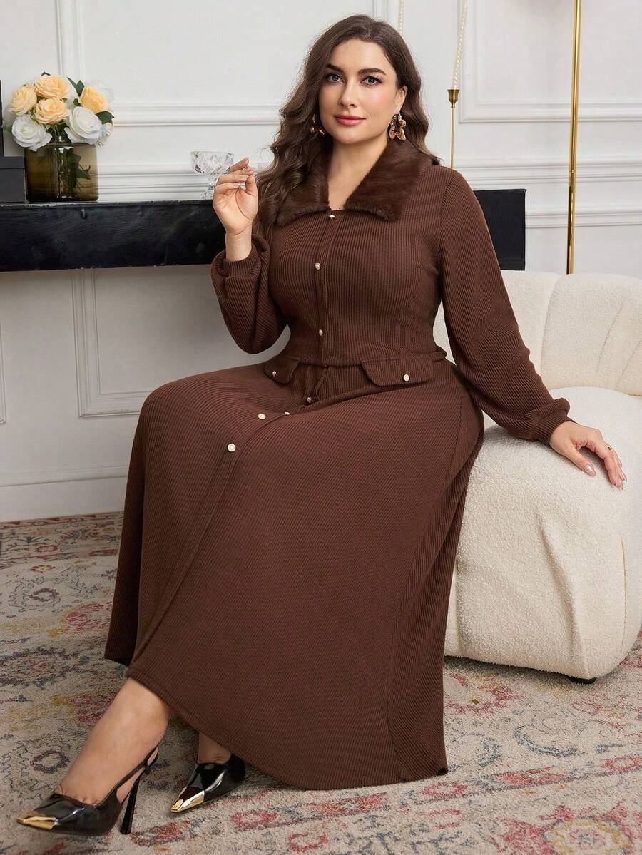 Modelyn Knitted Ribbed Patchwork Faux Fur Collar Long Sleeve Elegant Fashionable Romantic Plus Size Dress - Brown - View 1