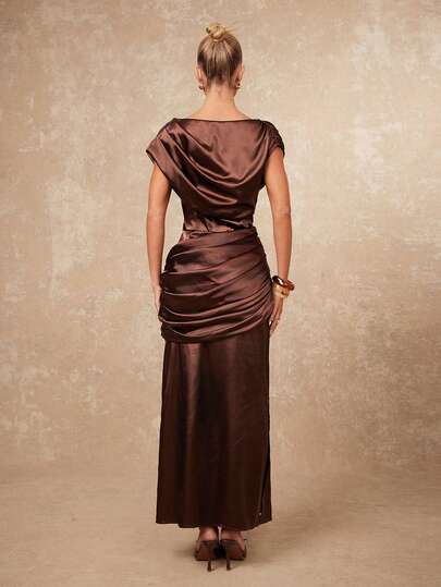 Lumalex VITNOS Elegante High End New Deep Rust Bruin Satijnen Pleated Dress, Chocolate 's Eve Outfit Women, mal Dresses Verleidelijke Vacation Holiday Semi Fall Luxe Dress able This Outfit, Gala Night, Chic Looks Of Weekend Glamour Work Delicate Romance, Enchanted Romance Gown, Draped Business Prom Graduation Dates, Going Out, Night Weddings, Holiday, Vacation, Birthday, Commute view 2
