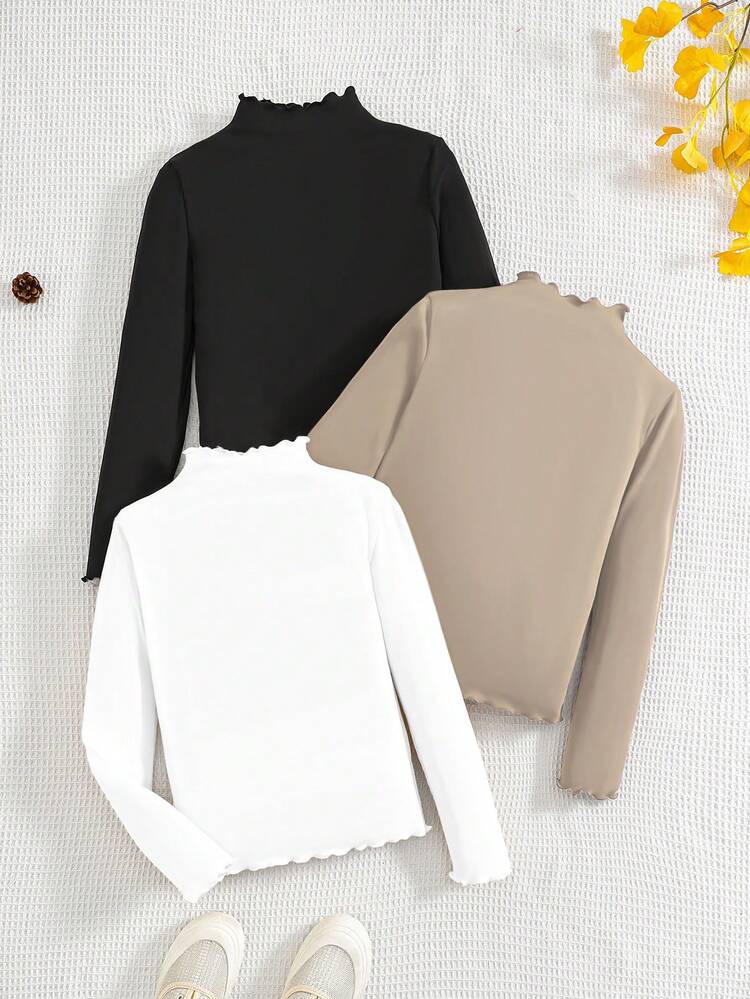 3 件套青少年女孩修身休闲纯色高领褶饰长袖 T 恤，米色、黑色、白色 - 彩色 - 查看 2