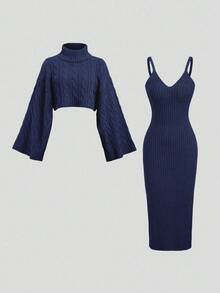 Sweetra Bộ 2 áo len dệt kim thường ngày cho nữ và chân váy dài, áo crop top tay dài cổ lọ dáng rộng và chân váy, mùa thu/đông - Xanh đậm - Xem 3