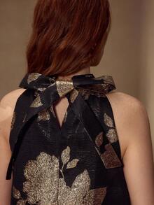 MOTF PREMIUM WOMEN'S ELEGANT JACQUARD TIE BACK HALTER NECK SHORT DRESS - Black and Gold - View 2