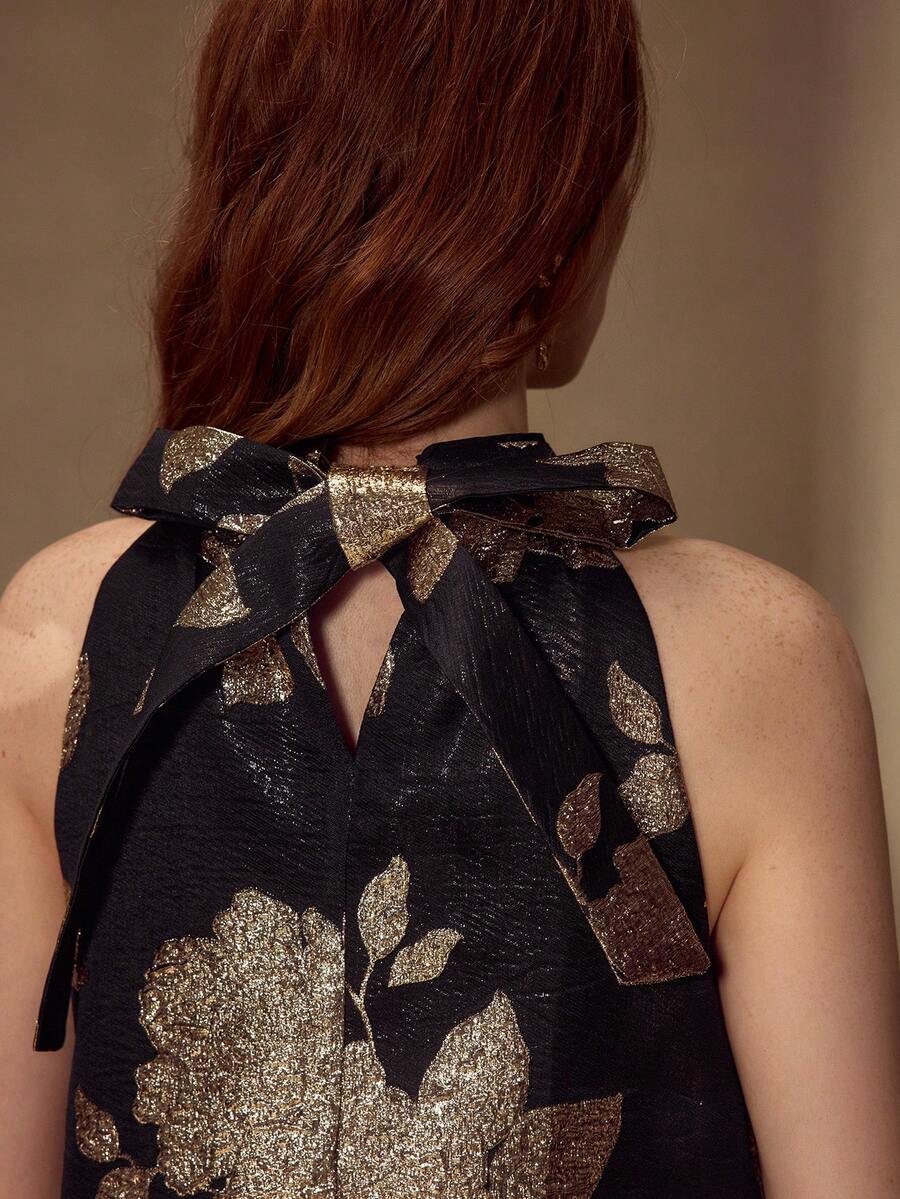 MOTF PREMIUM WOMEN'S ELEGANT JACQUARD TIE BACK HALTER NECK SHORT DRESS - Black and Gold - View 2