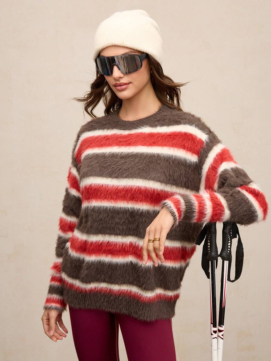 Activina Suéter holgado de punto casual con cuello redondo, mangas largas y hombros caídos a rayas para mujer - Rojo - Ver 1