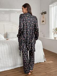 SHEIN 3pcs Women Ditsy Floral Sleepwear Set - Camisole, Pants, And Robe - Multicolor - View 2