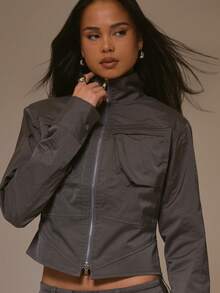 MUSERA Áo khoác dáng hộp bằng nylon có túi và dây kéo phía trước, phong cách cá tính, đường phố, dễ thương, mùa đông. - Màu xám đen - Xem 3