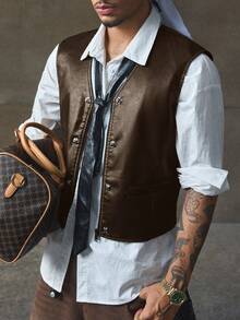 AXEPEAK Áo vest da PU đa năng thời trang dành cho nam - màu nâu - Xem 6