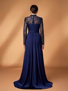 Serin Váy dài đuôi cá xếp nếp bằng vải satin co giãn, sang trọng, cao cấp, phong cách Châu Âu & Mỹ, tay áo voan đính ngọc trai, vải hoa, phù hợp cho đám cưới, tiệc độc thân, kỳ nghỉ, dạ hội, ngày lễ, váy dạ hội cho mẹ cô dâu - Màu xanh hải quân - Xem 4