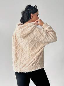 Solflare Plus Size Women Embroidered Letter Pattern Drop Shoulder Drawstring Hooded Pocket Teddy Fleece Sweatshirt, Autumn/Winter