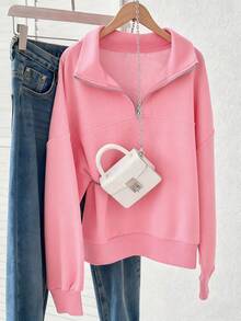 Lalippa Women's Loose Split Zipper Collar Solid Color Fleece Drop Shoulder Sweatshirt, Autumn/Winter - Pink - View 4
