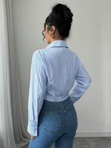 Selianne 女士休闲条纹短款褶皱长袖衬衫，春季