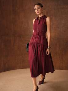 MOTF PREMIUM HALF BUTTON RUFFLE HEM DRESS - Red - View 4