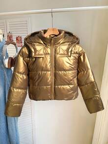 Abrigo acolchado con capucha de talle ceñido y solapa única para adolescentes, adecuado para uso casual, ir al trabajo y citas, invierno - Marrón - Ver 4