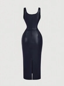 SHEIN MOD 女士时尚通勤藏蓝色无袖修身PU连衣裙 - 藏蓝色 - 查看 2